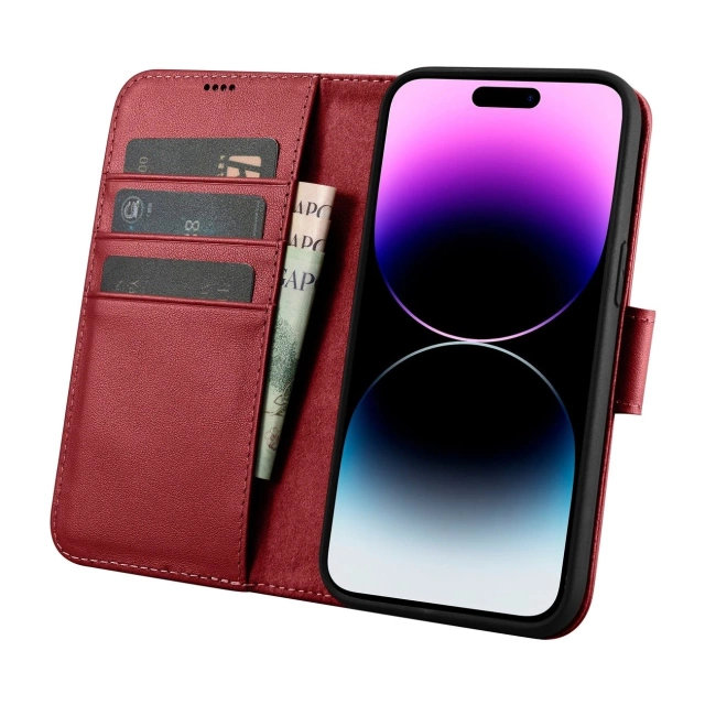 Kožený flipový kryt iCarer Wallet Case 2v1 pro iPhone 14 Pro Max Anti-RFID červený