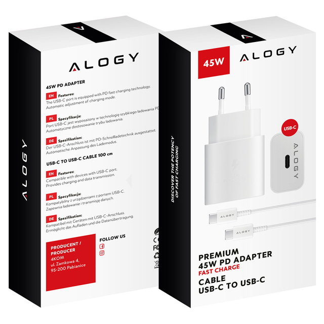 USB-C typ C PD Premium nástěnná nabíječka rychlá 45W 3A kabel typu C 1M Alogy White