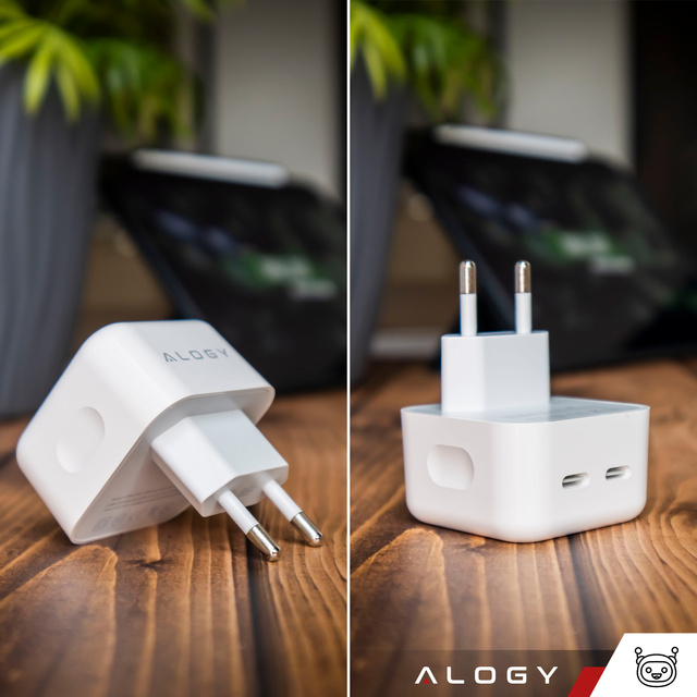 Rýchla 35W nástenná nabíjačka 2x USB-C USB typ C PD pre iPhone Alogy 2-portová kocka Biela