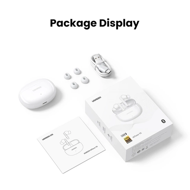 Sluchátka UGREEN HITUNE T6 ANC BT 5.3 IPX5 USB-C BÍLÝ KABEL