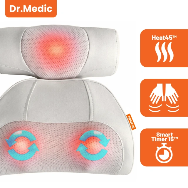 Poduszka masująca elektryczna na szyję i kark – masażer z pilotem, funkcja grzania zagłówka, relaks i redukcja napięcia mięśni – Dr.Medic RelaxNeck™