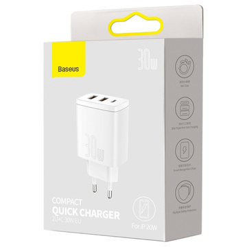 Baseus Compact Quick Charger 2xUSB USB-C PD QC 3.0 3A 30W Wall Charger White