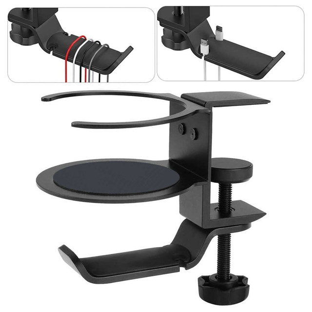 2-in-1-Schreibtisch-Organizer-Halter für Tassen, Kopfhörer, Kabel, Schreibtisch, Aluminiumständer, Kleiderbügelhaken, Alogy, Schwarz