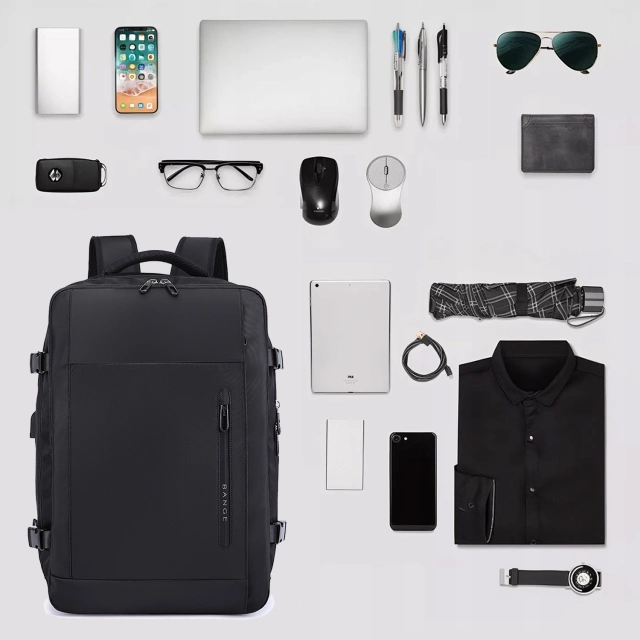 Bange wasserdichter Rucksack für 15,6-Zoll-Laptop, Stadtreisender, 45 x 30 x 16 cm, für Arbeit, Flugzeug, Herren, Damen, mit USB-Anschluss Schwarz