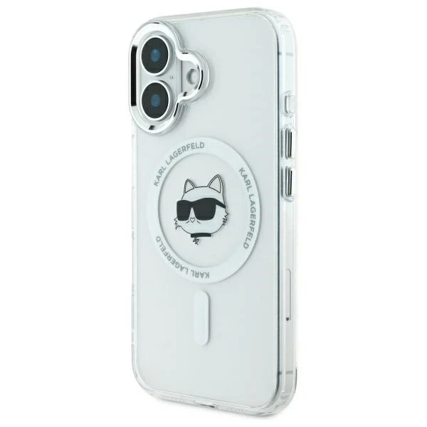Karl Lagerfeld pouzdro pro iPhone 16 6,1" bílé pevné pouzdro IML Metal Choupette Head MagSafe
