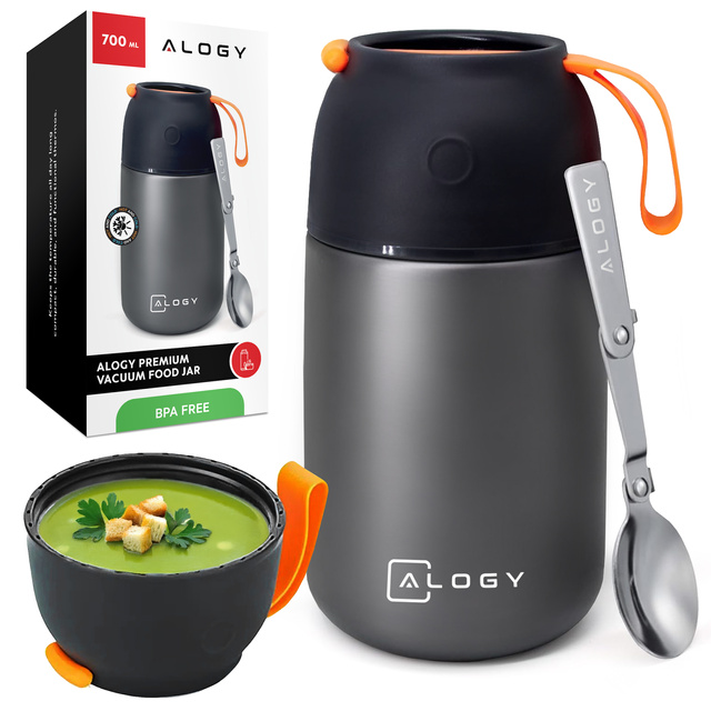 Dinner Thermos for Kids Soup Food 700ml Alogy Stainless Steel Folding Spoon Thermal Gray