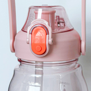 Motivational drinking water bottle with a straw, 1.5l, reminder, motivational measuring cup, handle, pink
