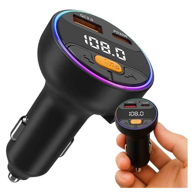 Transmiter samochodowy z Ładowarką Alogy PowerTune USB-A USB-C szybkie ładowanie PowerDelivery PD30W Quick Charge QC3.0 Czarny