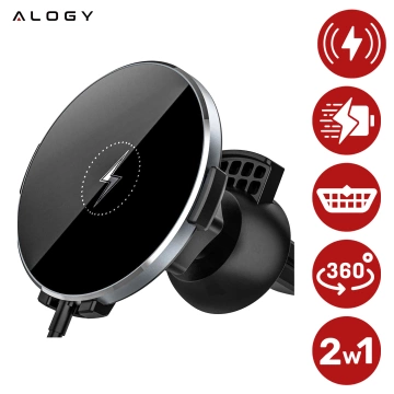 2-in-1-Autohalterung mit Alogy Airvent MagSafe QI Charger, induktives Ladegerät für MagSafe 15 W für Kühlergrill Schwarz