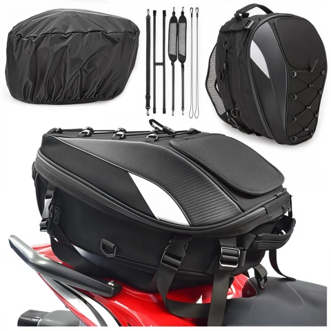 Waterproof Motorcycle Backpack Bag 40L – 5 in 1 – Top Case, Seat Bag, Trunk Bag, Helmet Bag, with Cover, Nylon, City Bag for Motorcycle – Alogy RoadMaster™ Black