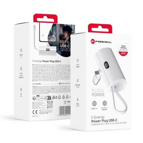 FORCELL F-ENERGY Power Plug F5K3 Powerbank with Built-in Type-C PD Connector 20W 5000mAh White