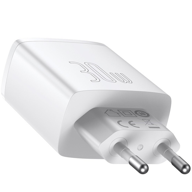 Baseus Compact Quick Charger 2xUSB USB-C PD QC 3.0 3A 30W Wall Charger White