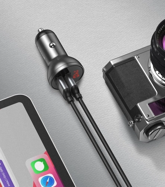 Baseus autonabíjačka 2x USB 4,8A 24W s LCD káblom 3v1 USB - USB Type C / micro USB / Lightning 1,2m čierny (TZCCBX-0G)