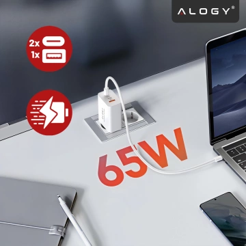 Alogy GaNCharge Compact 3in1 настінний зарядний пристрій швидкої зарядки GaN3 65W USB-A 30W 2x USB-C 65W Білий
