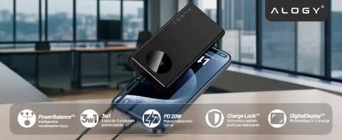 PowerBank Alogy TurboCharge 120W PD PowerDelivery швидка зарядка 10000mAh 2x USB-A 1x USB-C Black