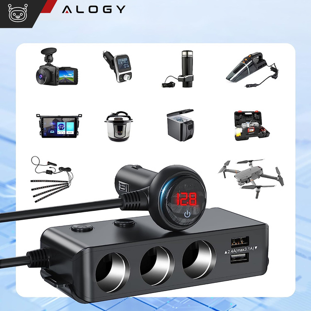 Cigarette lighter socket splitter x3 car 4x USB QC 12-24V Charger Adapter switch 120W Alogy Black