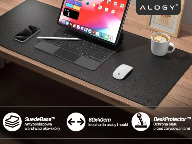 Podložka na stůl 80×40 cm – protiskluzová ochranná podložka z elegantní PU ekokůže, pro myš a klávesnici, stylová a odolná – Alogy WorkMat™ Black