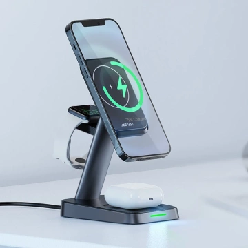 Bezdrátová nabíječka Acefast 15W Qi pro iPhone (s MagSafe), Apple Watch a magnetický držák Apple AirPods Stand černý (E3 černý)