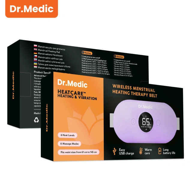 Pas Grzejący z Masażerem na okres i plecy - przeciwbólowy, ciepło + wibracje, 6 poziomów intensywności, akumulator 1800 mAh - Dr.Medic ThermoPulse™ Fioletowy