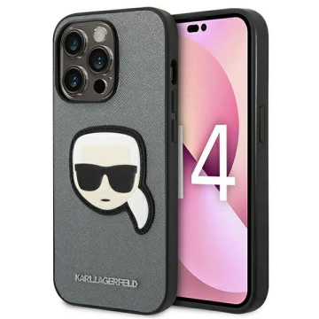 Etui Karl Lagerfeld KLHCP14XSAPKHG na iPhone 14 Pro Max 6,7' pevný obal Saffiano Karl`s Head Patch srebrny/strieborný