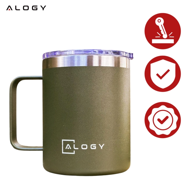 Thermobecher 420 ml mit Henkeldeckel für Kaffee, Tee, Steel, Kalt- und Heißgetränke Alogy Green