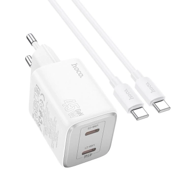 HOCO Wall Charger 2 x Type C Cable Type C to Type C PD QC 45W GaN White