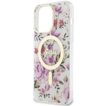 Puzdro na telefón Guess GUHMP14LHCFWST do Apple iPhone 14 Pro 6,1" priehľadné pevné puzdro Flower MagSafe