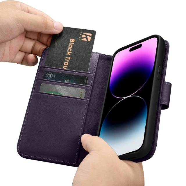 iCarer Wallet Case 2v1 puzdro na telefón pre iPhone 14 Pro Max Anti-RFID Flip Leather Cover Dark Purple