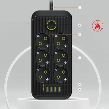 Подовжувач Подовжувач 6 розеток AC EU розетки 4x USB USB-C тип C розетки 2500 Вт чорний