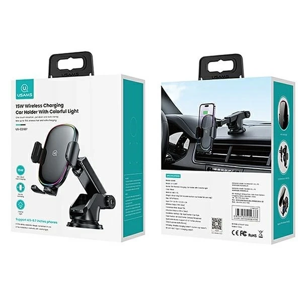 Uchwyt Indukcyjny 15W USAMS US-CD187 Szyba/Deska/Kratka Czarny