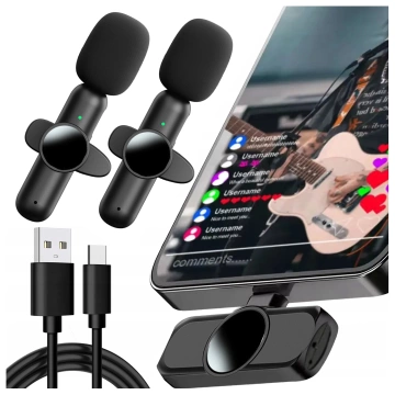 Bezdrátový mikrofon 2x sada - Lightning pro iPhone, potlačení hluku, lehká konstrukce, dosah až 20 metrů - 2x klopový mikrofon s kožešinovým krytem, ​​sluchátko na telefon - Alogy DualVoice™ černá