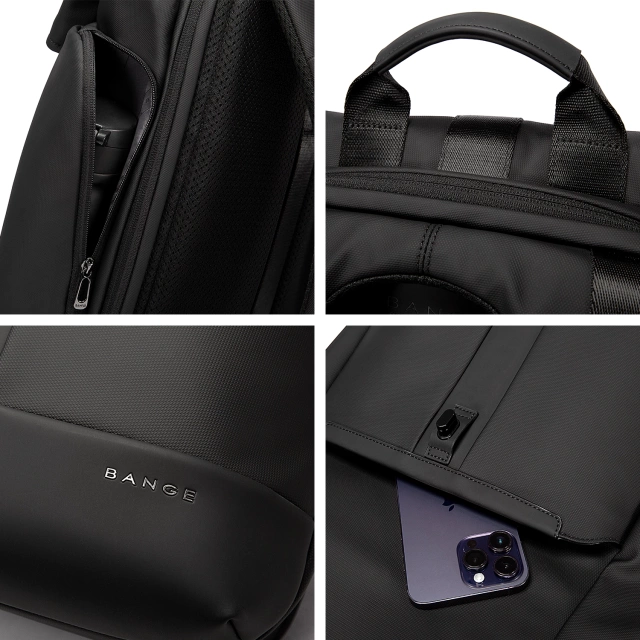 Bange wasserdichter Rucksack für 15,6-Zoll-Laptop, Stadtreisender, 45 x 30 x 16 cm, für Arbeit, Flugzeug, Herren, Damen, mit USB-Anschluss Schwarz