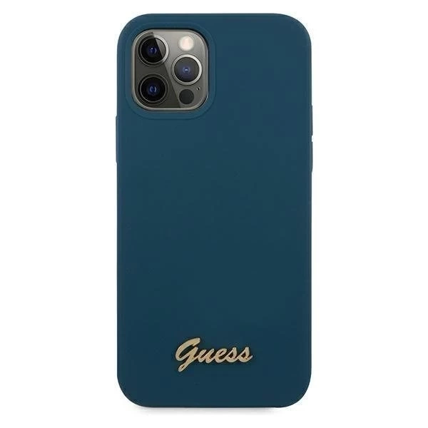 Guess GUHCP12LLSLMGBL iPhone 12 Pro Max 6,7" niebieski/blaues Hardcase Metall-Logo-Skript