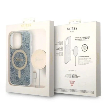 Zestaw Guess GUBPP14XH4EACSB Case Charger iPhone 14 Pro Max 6,7" niebieski/blue Hartschalenetui 4G Print MagSafe
