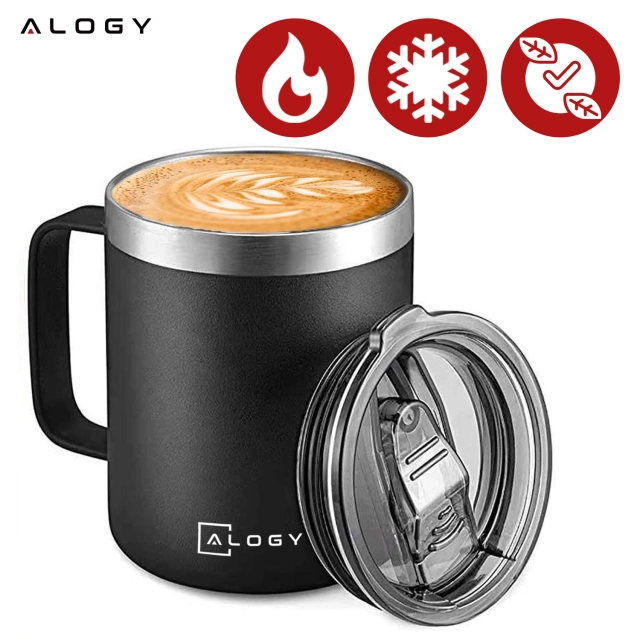 Thermal mug 420 ml with a handle and lid for coffee, tea, steel, cold and hot drinks, Alogy Black