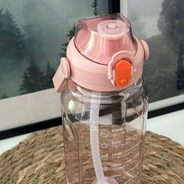 Motivational drinking water bottle with a straw, 1.5l, with a reminder, with a motivational measuring cup, with a handle, Pink, Washing brush