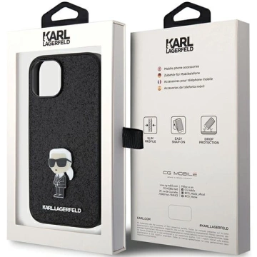 Etui Karl Lagerfeld KLHCP15SGKNPSK na iPhone 15 6,1" čierny/čierny pevný obal Pevné trblietky s logom Ikonik kovový špendlík