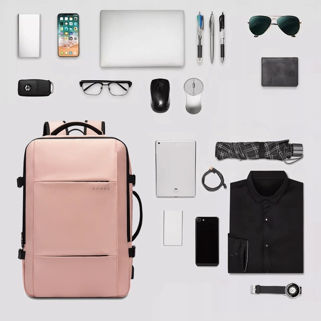 Voděodolný batoh Bange na notebook 15,6", městský, cestovní, 47x31x15-25 cm, do práce, do letadla, pánský, dámský, s USB portem, růžový