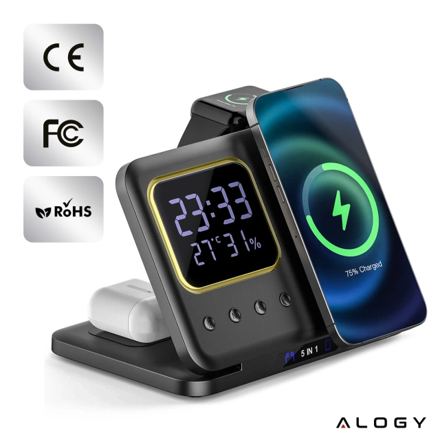 BEZDRÁTOVÁ RYCHLONABÍJECÍ STANICE 5v1 LED HODINY 15W USB-C na MagSafe pro Apple iPhone, Watch, AirPods s hodinami a vlhkoměrem, černá