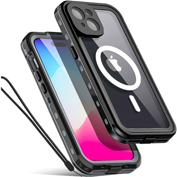 Puzdro na iPhone 15 Plus vodotesné Mag Safe Case pancierové vodotesné puzdro čiernej a šedej farby