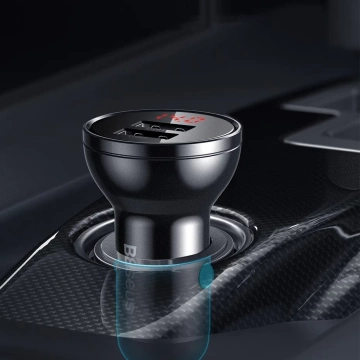 Baseus Autoladegerät 2x USB 4.8A 24W mit LCD Kabel 3in1 USB - USB Type C / Micro USB / Lightning 1.2m schwarz (TZCCBX-0G)