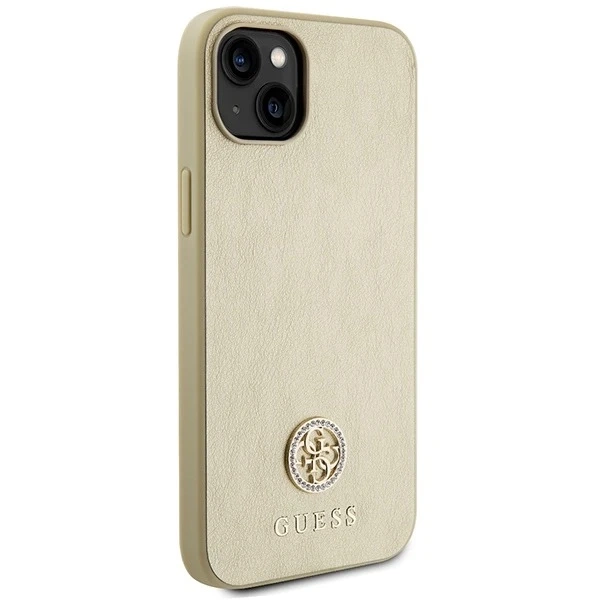 Etui Guess GUHCP15SPS4DGPD na iPhone 15 6,1" złoty/zlaté pevné puzdro Kožené 4G kovové logo Strass