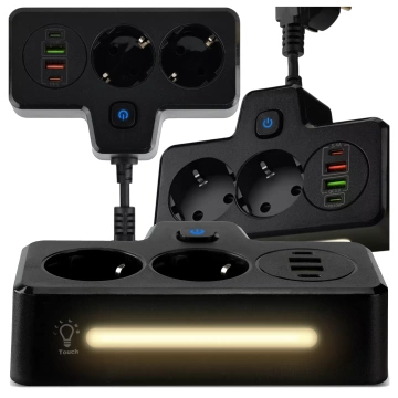 Alogy Plug Extender zásuvka splitter splitter adaptér predlžovací kábel 2x EU zástrčka 2x USB 2x USB-C Čierny