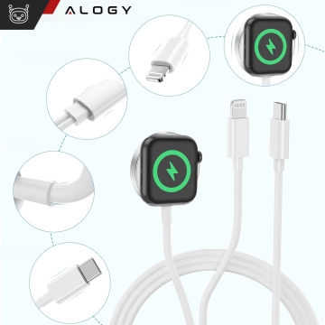 2v1 magnetický indukčný nabíjací kábel pre Apple Watch, iPhone 1M Lightning USB-C kábel Alogy White