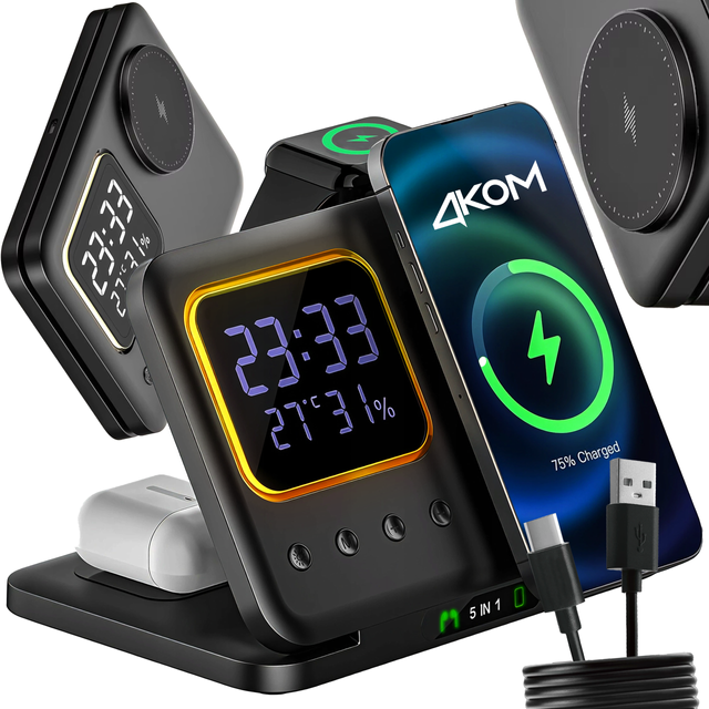 Kabellose Schnellladestation 5-in-1 mit LED-Uhr, 15 W, USB-C auf MagSafe für Apple iPhone, Watch und AirPods, inklusive Uhr und Hygrometer, Schwarz