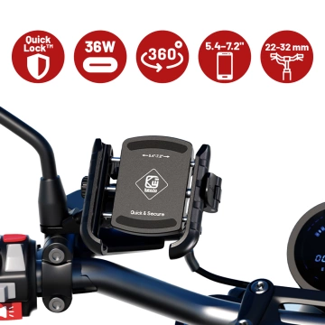 Kewig Motorcycle Phone Holder with Fast Charging 36W USB-C PD for Handlebar and Mirror, 360° Rotation, Compatible with Phones 5.4–7" - Black