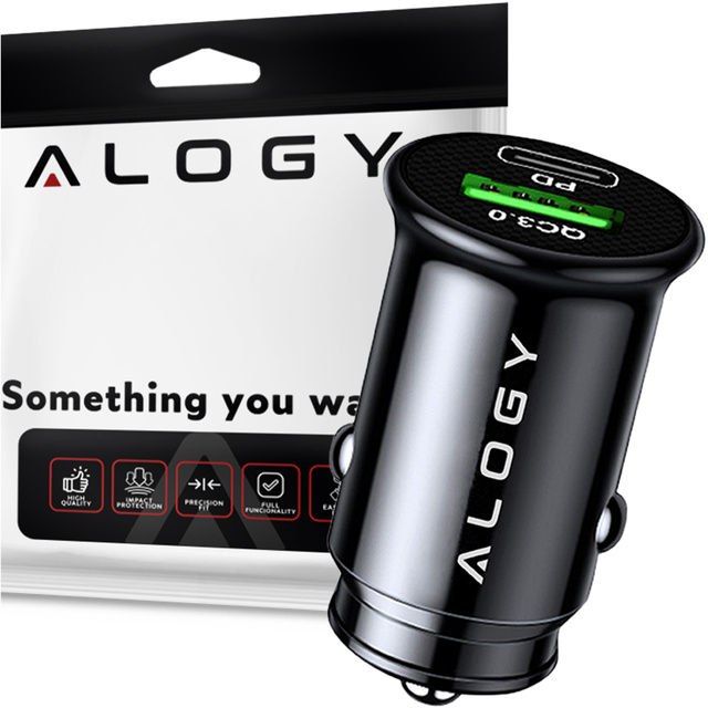 Ładowarka samochodowa 38W USB QC 3.0 18W + USB-C C PD 20W szybka mocna do telefonu Alogy Car czarna + Kabel USB-C 1m