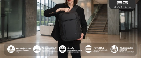 Bange vodeodolný batoh na 15,6" notebook, mestský cestovateľ, 45x30x16 cm, do práce, do lietadla, pánsky, dámsky, s USB portom Čierny