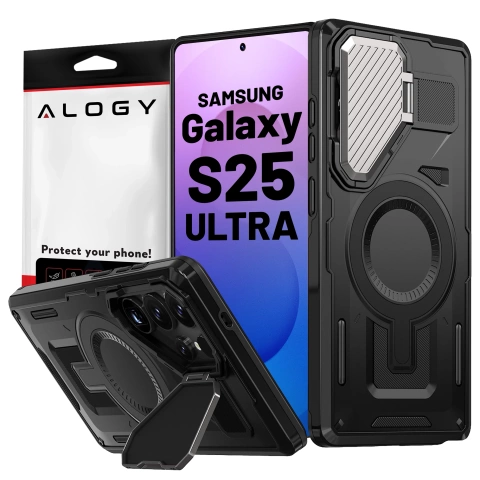 Etui do Samsung Galaxy S25 Ultra Case do MagSafe Wzmocniona Pancerna ochrona obiektywów z funkcją podstawki obudowa ochronna na telefon Alogy HeavyDuty Mag™️Czarne