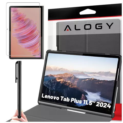 Etui + Szkło do Lenovo Tab Plus 11.5" 2024 TB351FU Alogy Book Cover Case obudowa na tablet Czarne + Rysik Gratis